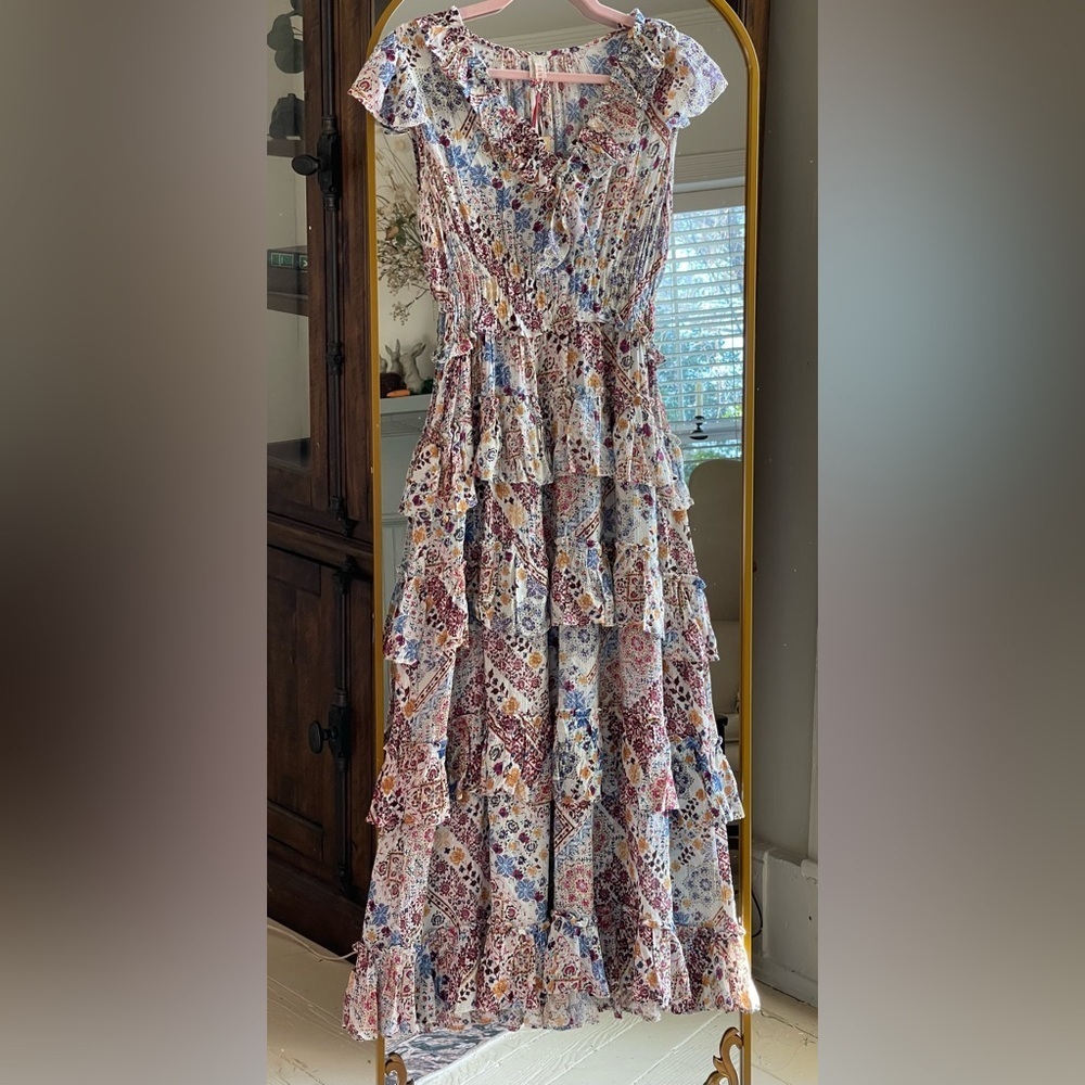 NWT Raga Romina Ruffle Midi Chic Boho Dress in Multi